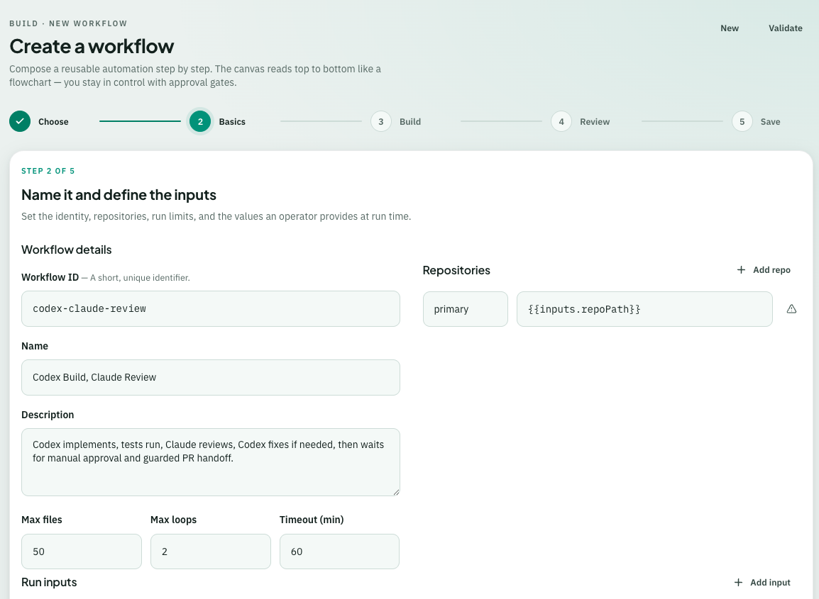 Composing a workflow on the visual builder canvas