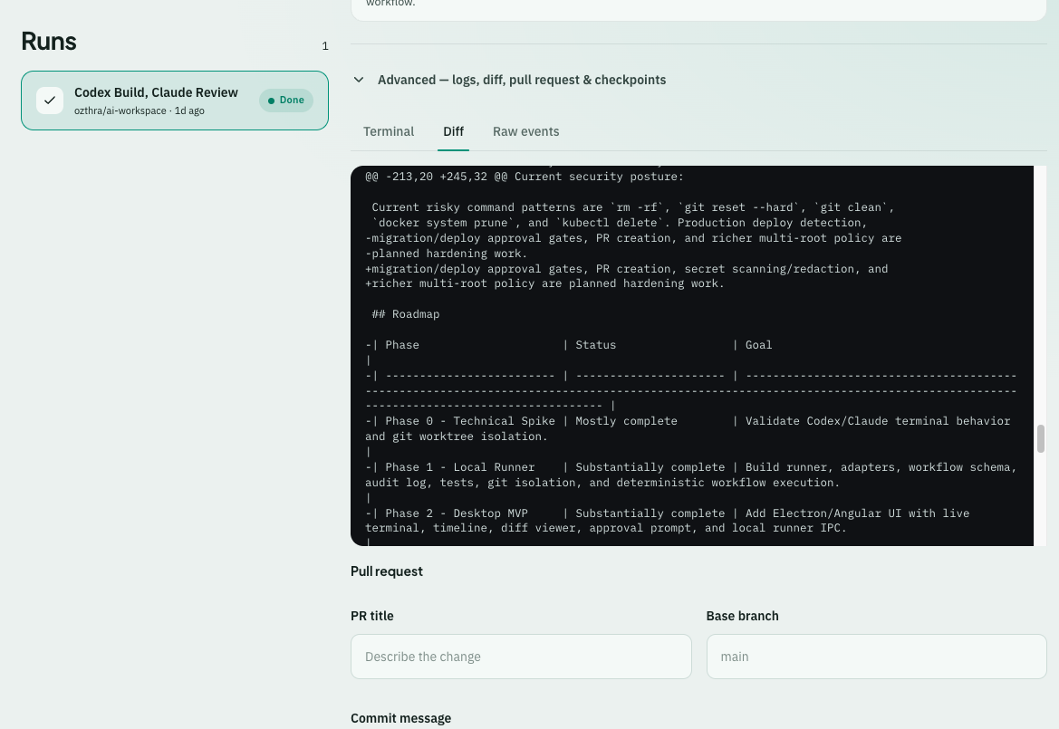 Audit view with terminal replay, diffs, and checkpoints
